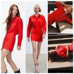ZARA Poplin Shirt Dress Blouson Long Sleeve Mini Red Size XS NWT